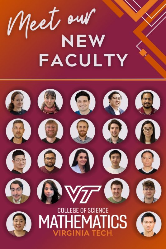 Graphic showing 21 new faculty members who joined the Dept of Mathematics in Fall 2024