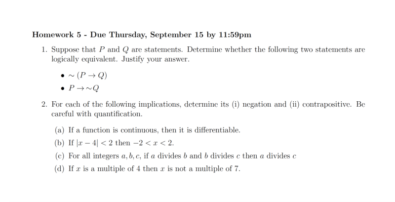 Homework 5 on negation and contrapositive