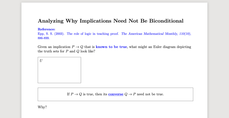 Task for showing an implication need not be biconditional