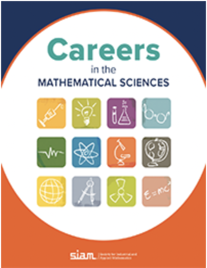 cover of SIAM's Careers in the Mathematical Sciences brochure. Displays title and 12 science-like decorative images (microscope, glasses, lightbulb, etc.)